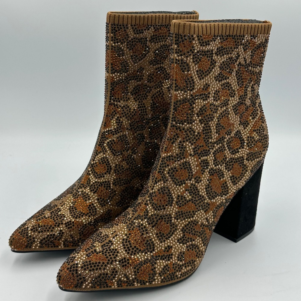 MIA Leopard Print Rhinestone Sock Boots Pointed Toe Block Heel Womens 7.5 Glam